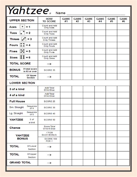 Example of a free Yahtzee score card