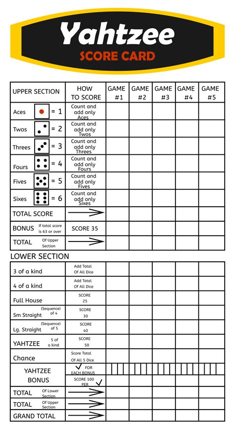 Printable Yahtzee score sheet