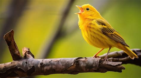 A yellow bird singing on a branch