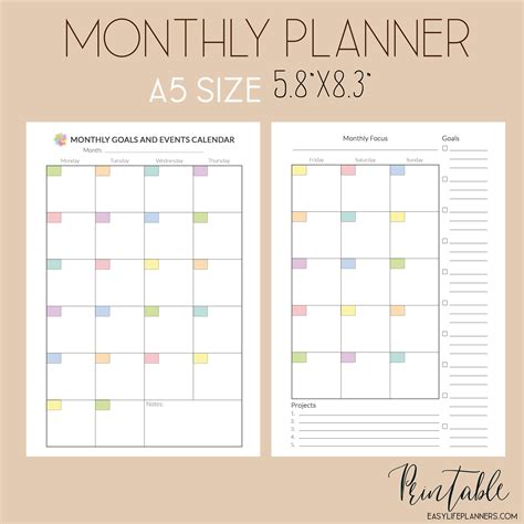 A5 calendar printable templates