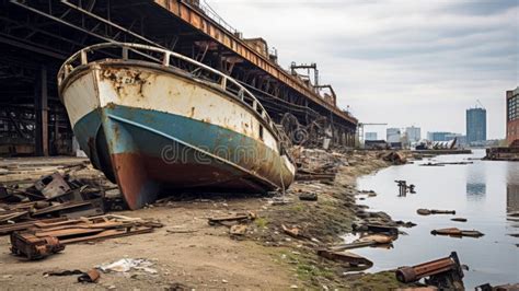 Abandoned shipyard with old vessels and rusty equipment