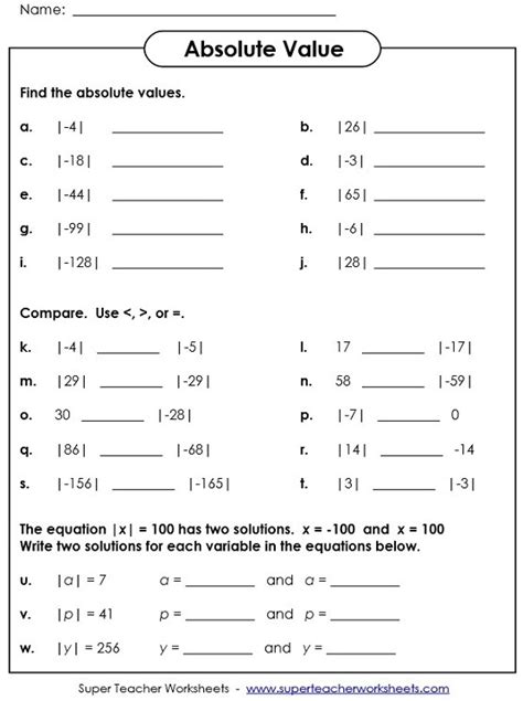 Absolute Value Worksheet 2