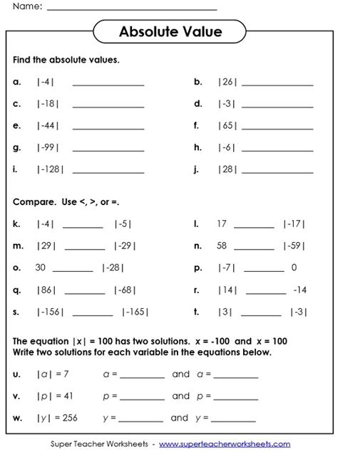 Absolute Value Worksheet 5