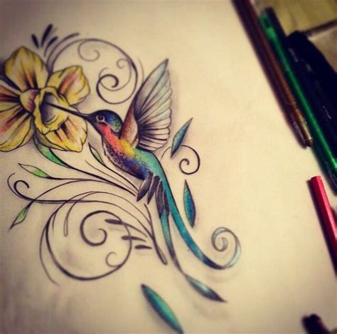 Abstract Hummingbird and Flowers Tattoo Design