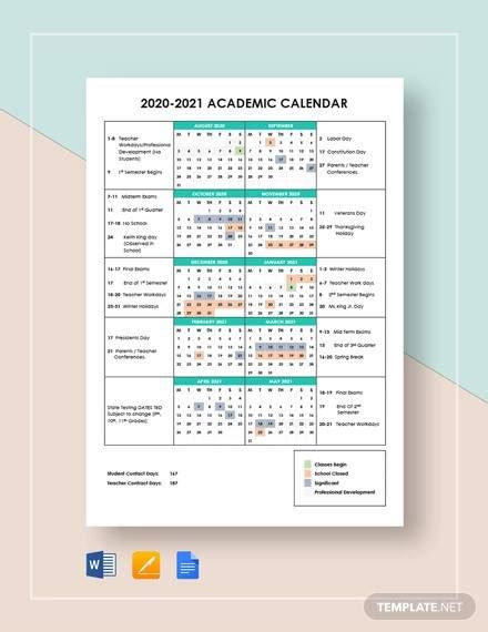 Academic Calendar Template Example 9