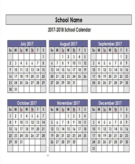 Academic Calendar Template Example