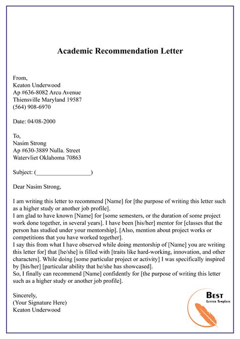 Academic Letter of Recommendation Template Example