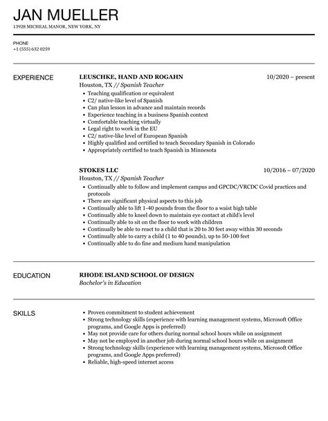 Academic Spanish Resume Template Format