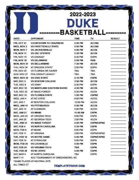 Access Duke Basketball Schedule Printable Calendar