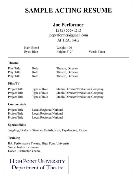 Example of an acting resume with a strong summary and training section