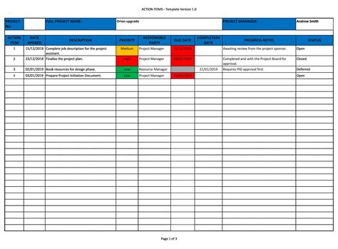 Action Item Template Excel Example