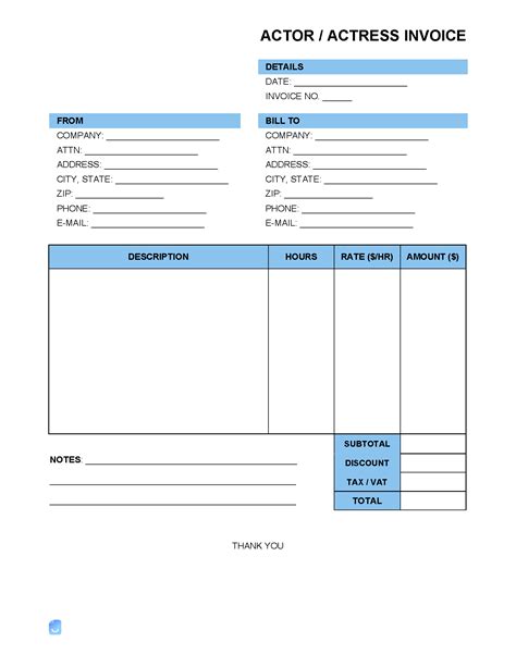 Actor Invoice Template with Tax Deductions