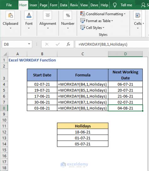 Using the WORKDAY function to add 7 days