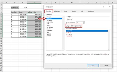 Example of numbers with commas in Excel