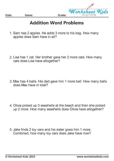 Addition Word Problems Worksheet