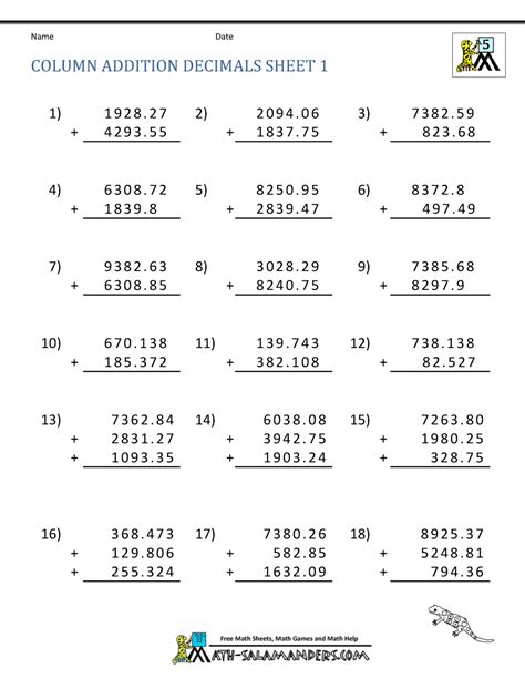 Addition Worksheets for 5th Grade