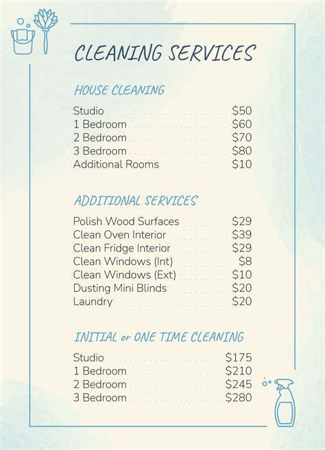 Additional Cleaning Service Price List Template