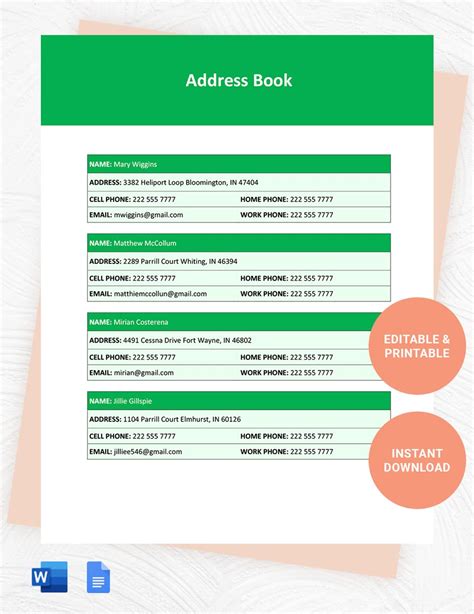 Address Book Template Example 2