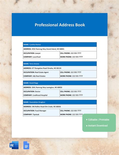 Address Book Template Features