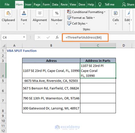 Address Splitting Formula in Excel