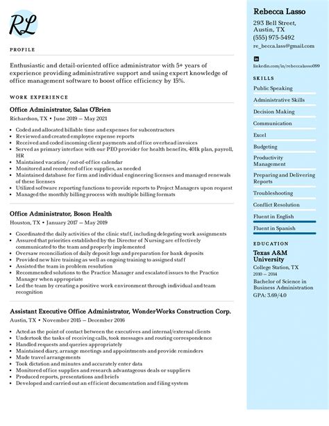 Admin Resume Template Sample