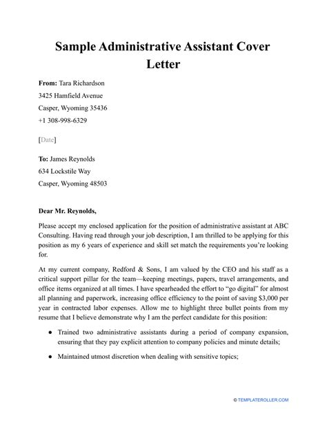 Administrative Assistant Cover Letter Template