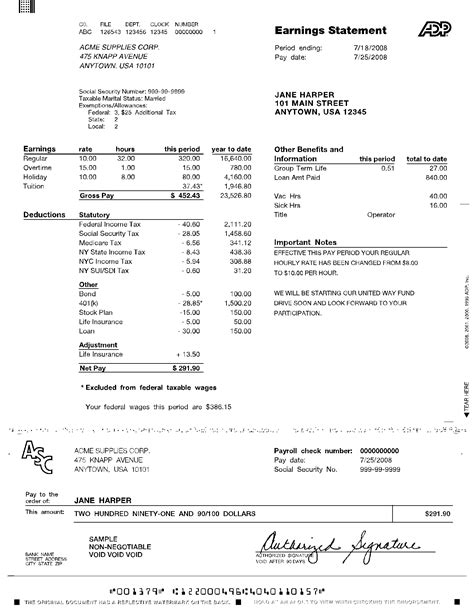 ADP Pay Stub Template with Year-to-Date Totals