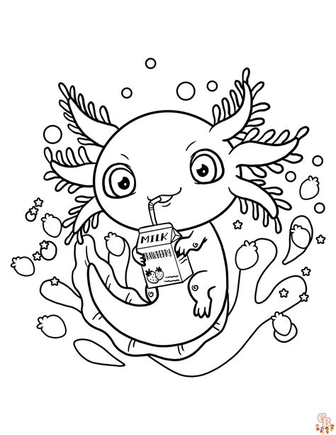 A coloring book page for adults featuring an axolotl