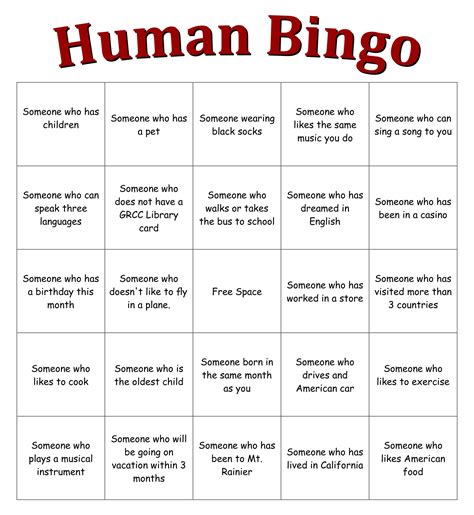 Adult Human Bingo Template