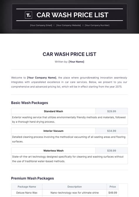 Advanced Car Wash Price List Template