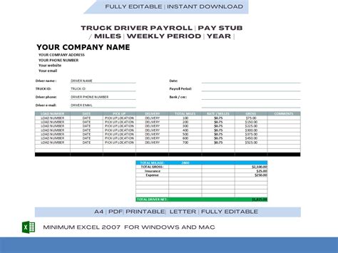 Advanced Settlement Truck Driver Pay Sheet Template