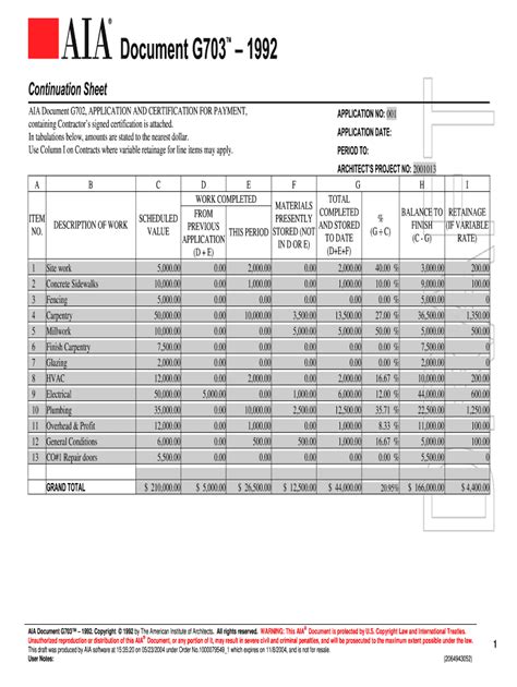 AIA G703 template for continuation sheet