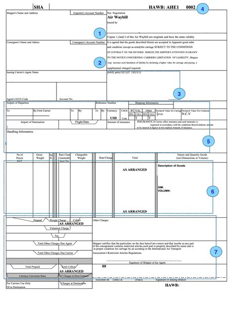 A screenshot of an air freight Bill of Lading template