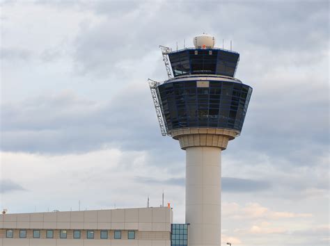 Air traffic control tower at sunset