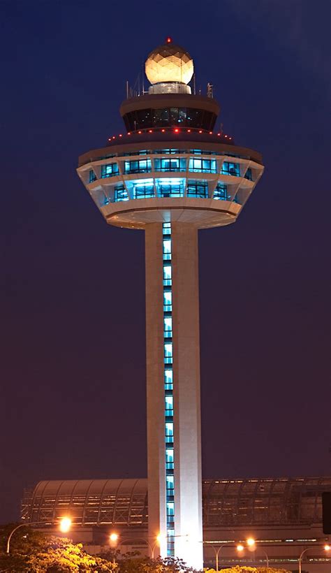 Air traffic control tower at night