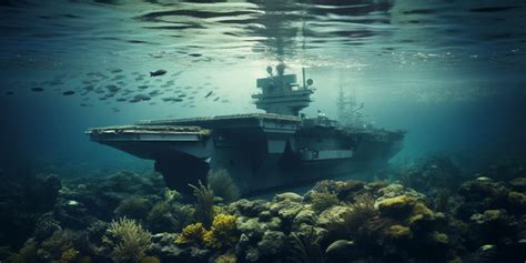 A stunning view of an aircraft carrier underwater