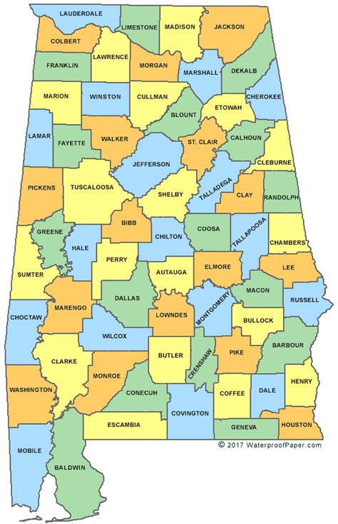 Alabama County Map Printable PDF