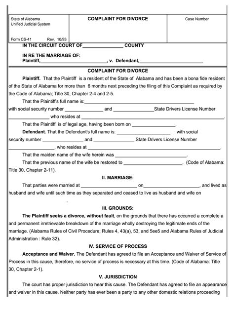 Alabama Divorce Forms Sample