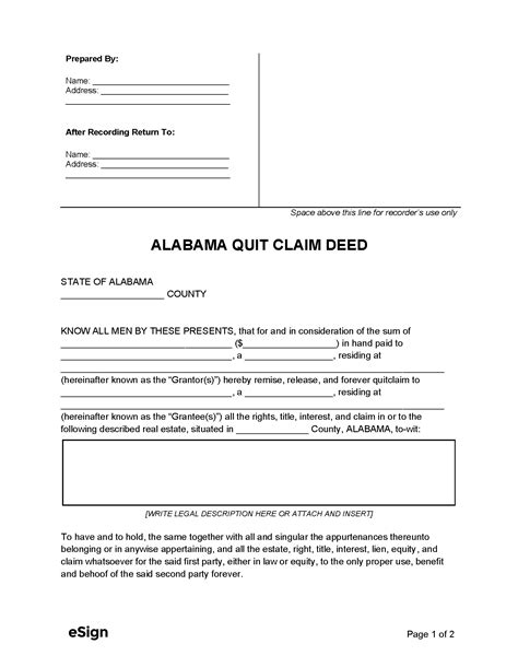 Alabama Quitclaim Deed Template Printable