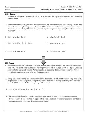 Algebra 1 review worksheet