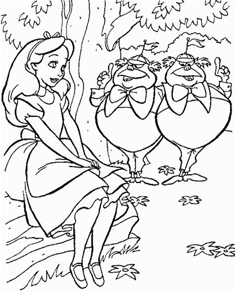 Alice in Wonderland coloring page with mushrooms and flowers