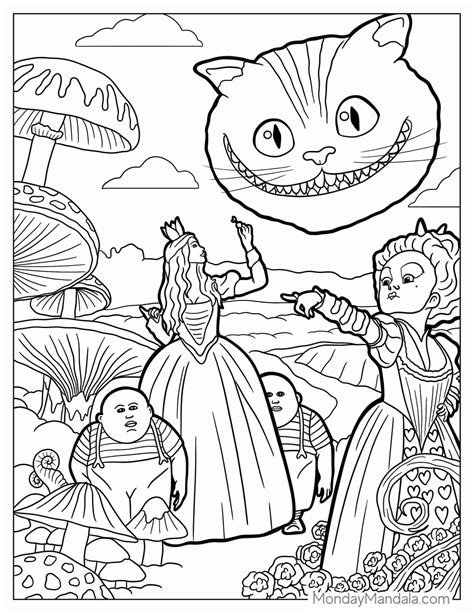 Alice in Wonderland coloring page with Queen of Hearts playing cards