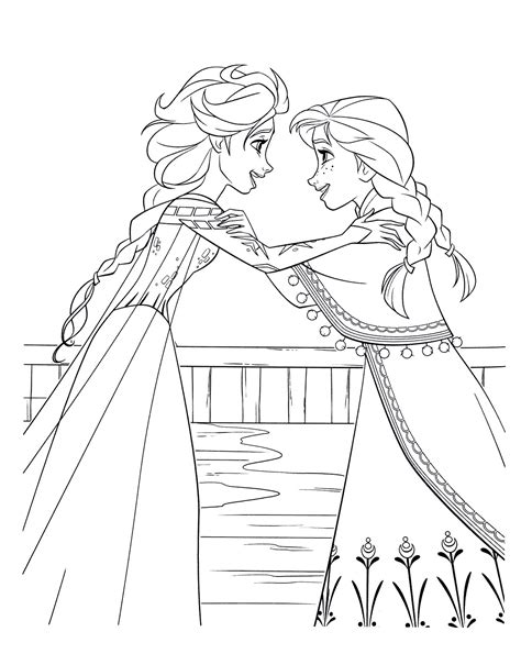 Anna and Elsa Hugging Coloring Page