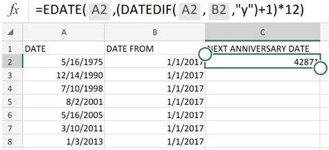 Anniversary Date Formula in Excel