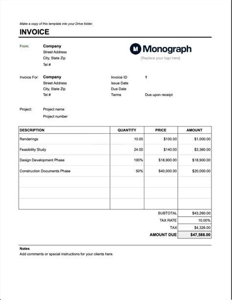 Architect Invoice Template with Client Information in Word