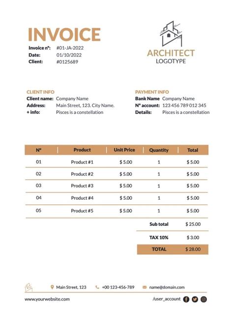 Architect Invoice Template with Payment Terms in Word