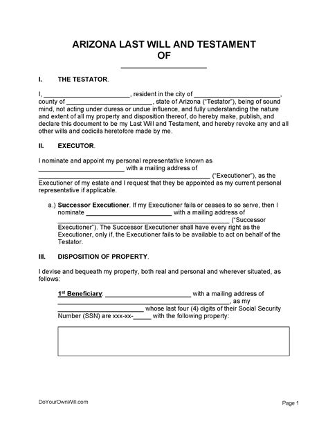 Arizona Last Will and Testament with Trust Form