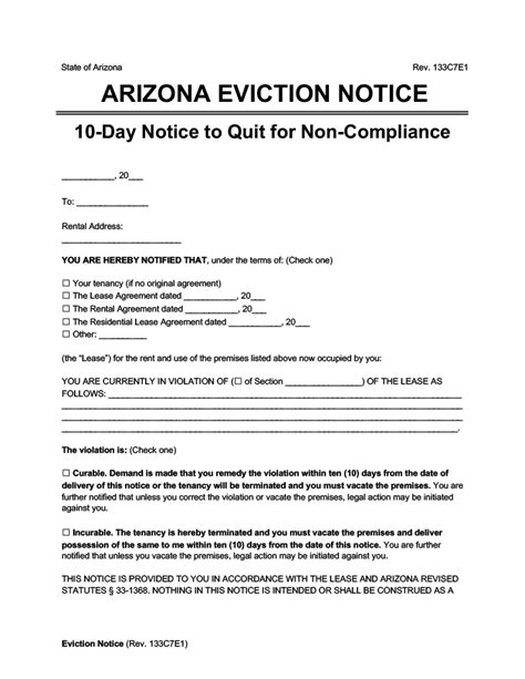 Arizona Notice to Vacate Template