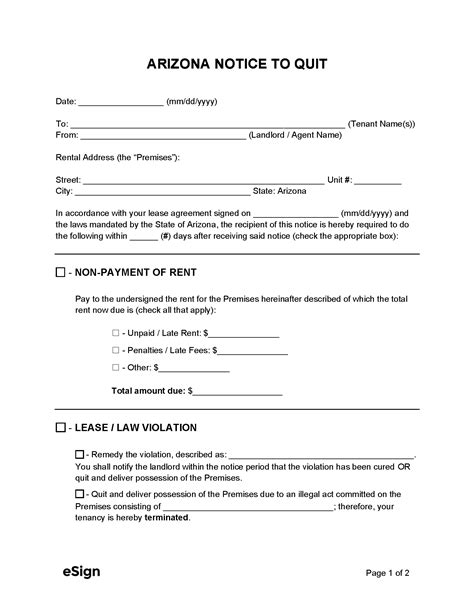 Arizona Notice to Vacate Template 2