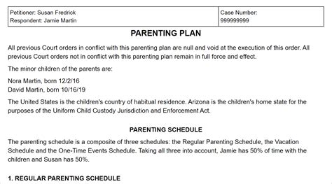 Arizona Parenting Plan Template Form